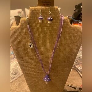 Handmade purple mushroom necklace with matching earrings